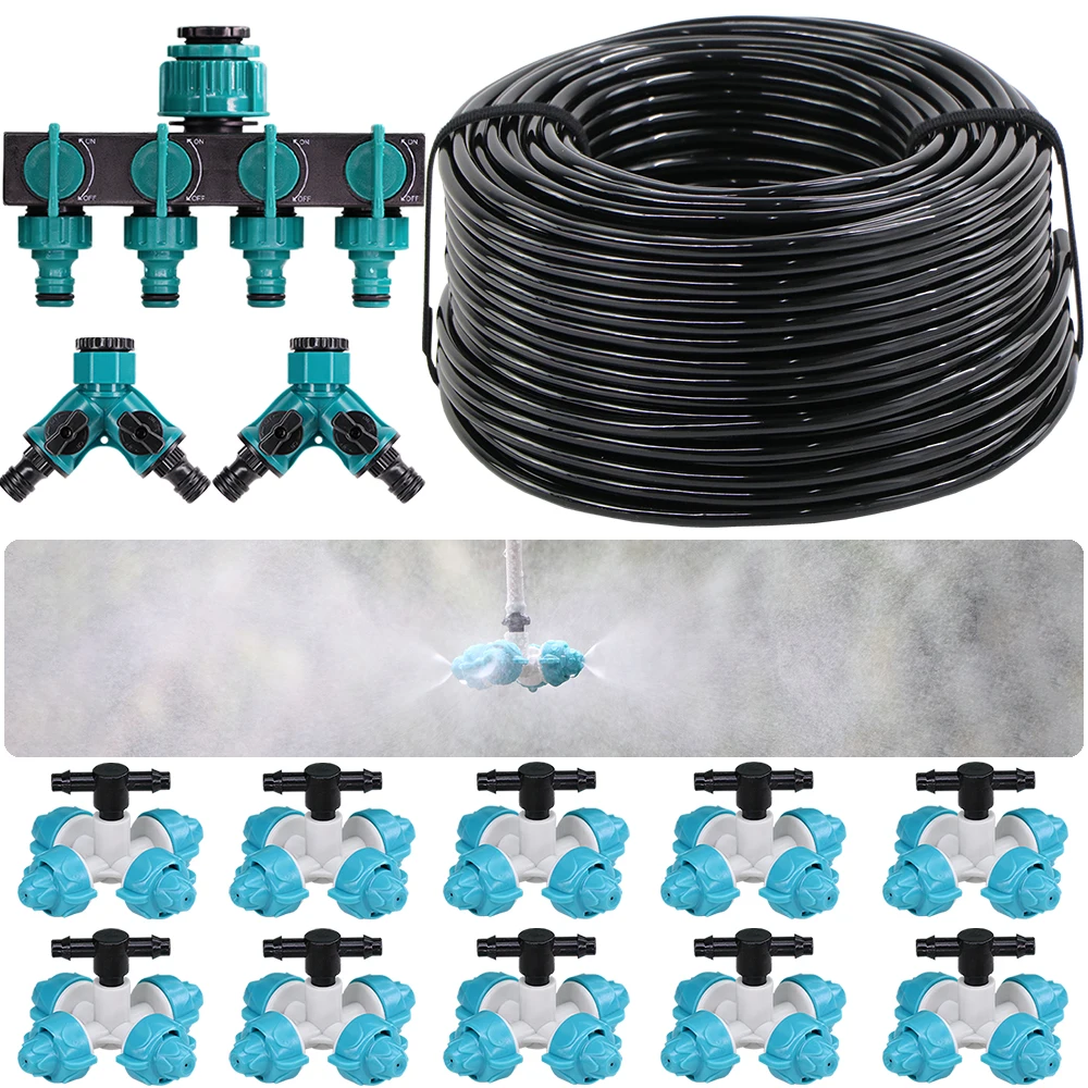 50-5m Garden Cross Fine Sprayer Cooling System Irrigation Watering 1/4'' Atomizer Nozzles 4/7mm Hose for Outdoor Greenhouse Pot