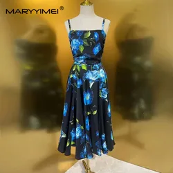 MARYYIMEI New 2024 Fashion Designer Silk Women's dress Spaghetti Strap Dark Night Blue Morning glory flower Elegant Dresses