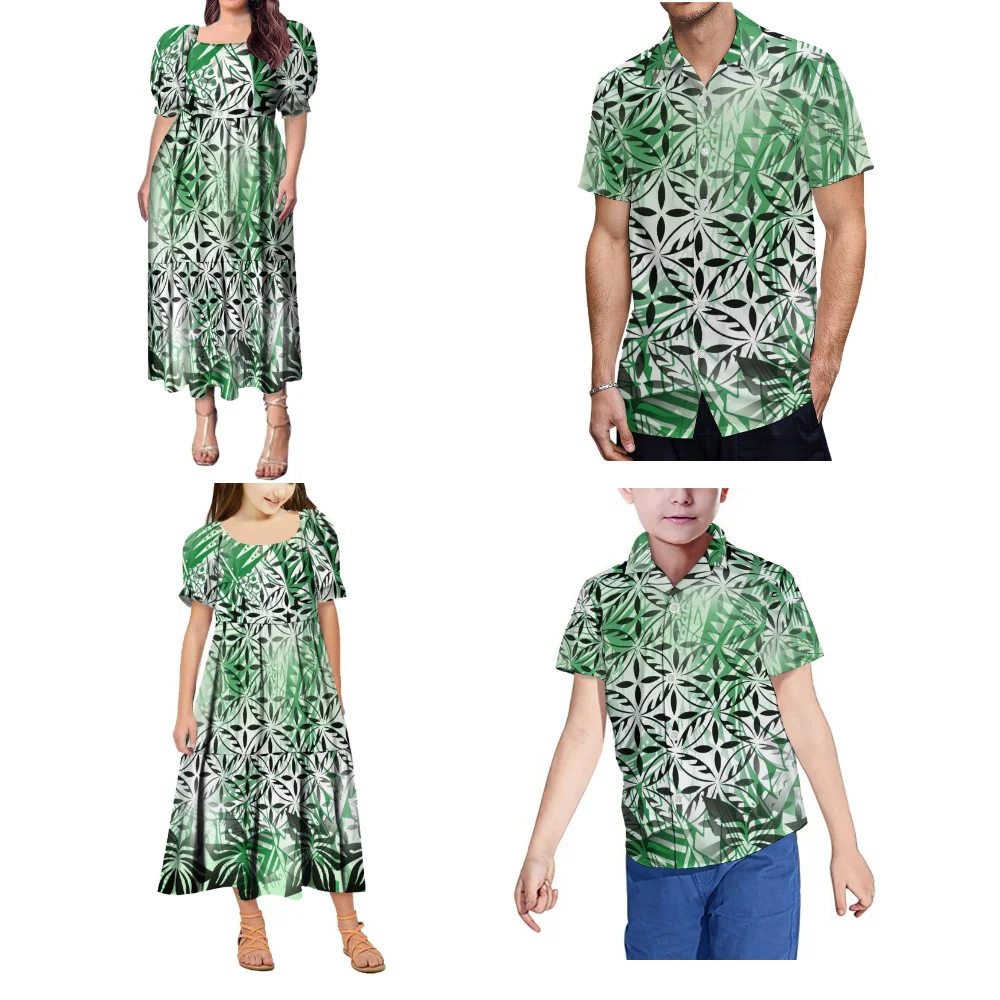 Couple Set Women'S Puffed Sleeve Fashion Dress With Men'S Shirt Family Matching Clothing Polynesian Island Vintage Print