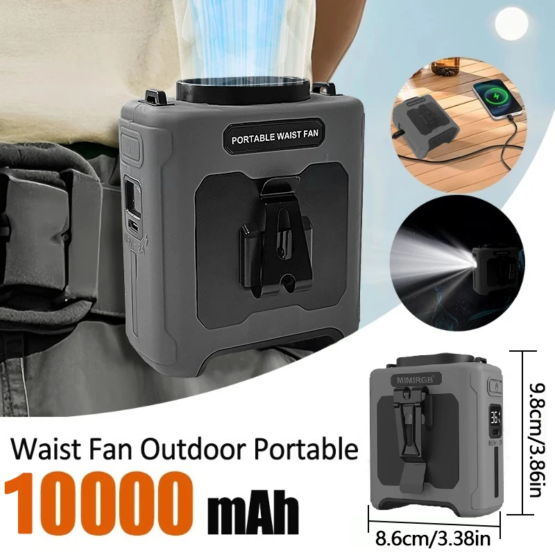 Portable Waist Fan 10000mAh with Power Bank LED Lighting Hanging Neck Fan 5 Speed Strong Airflow Cooling Fan for Outdoor Working