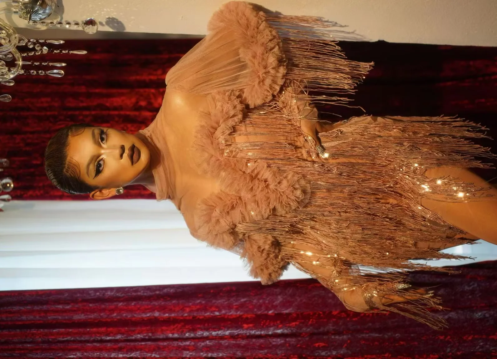 

Festival Clothes Rave Outfit Women Champagne Mesh Fringe Evening Dresses Dancer Singer Stage Costume Birthday Party Tassel Dress