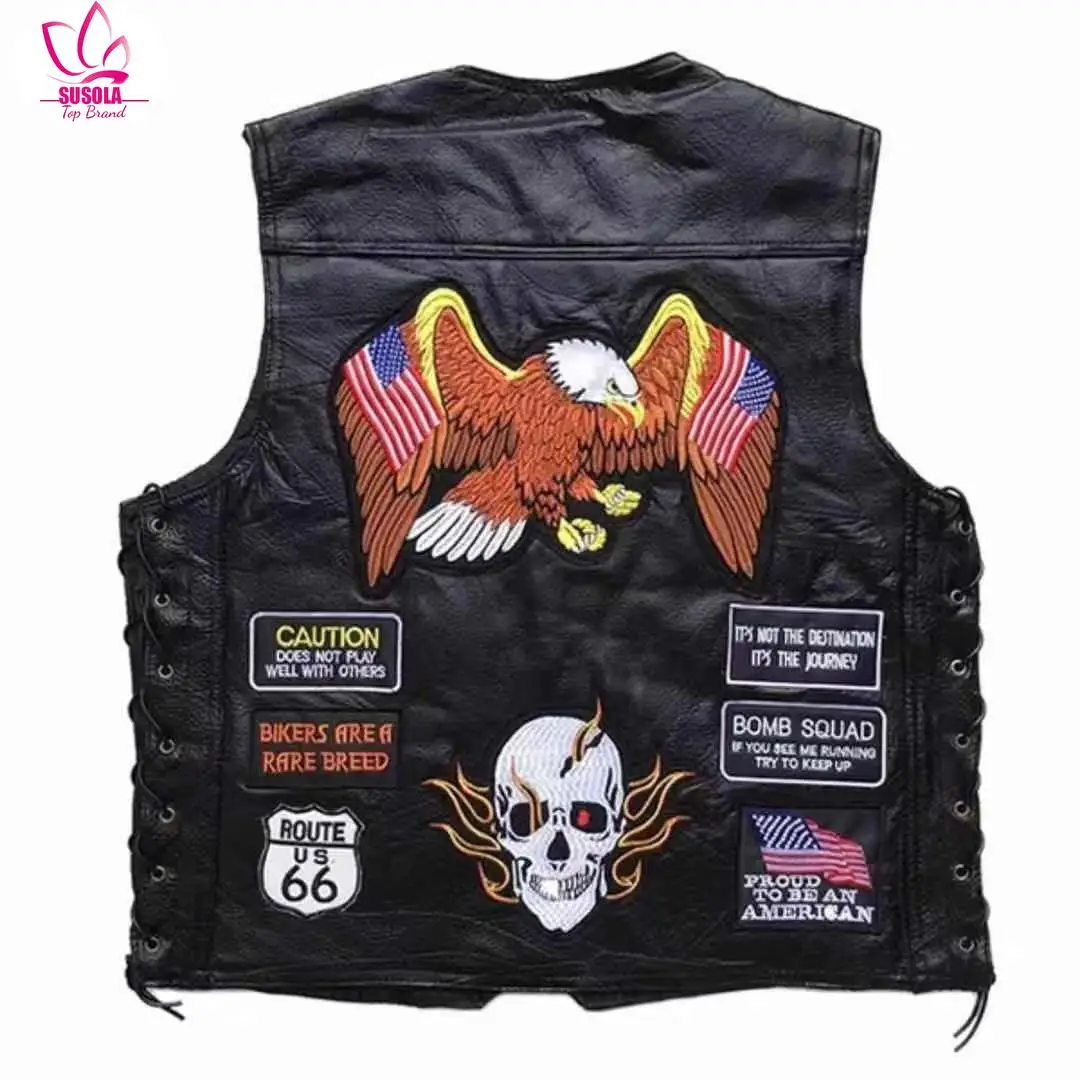 

Lady Four Seasons Sleeveless Jacket Leather Men Motorcycle Vest Embroidery Sheepskin Splicing Biker Waistcoat Male Classic Retro