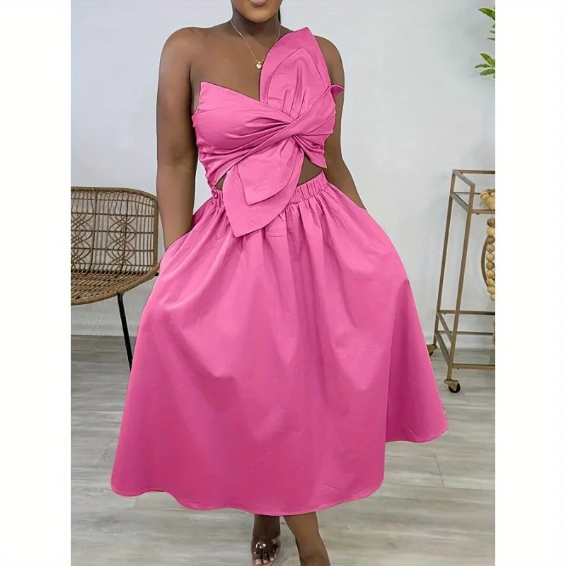 

Sexy Bow-decorated Off-shoulder Sleeveless Asymmetrical Irregular Design Pleated Hollow Holiday Midi Skirt