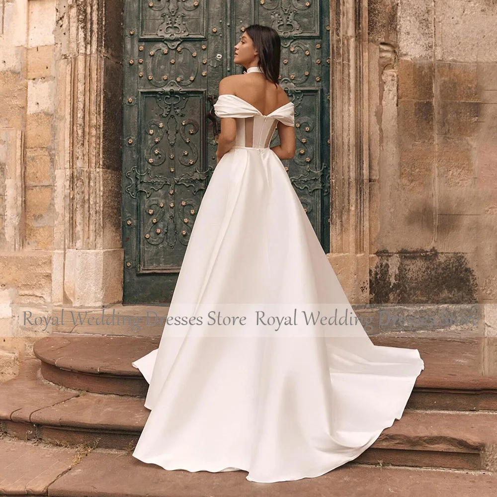 Abito da sposa moderno avorio linea A per donna Mini abito da sposa corto con spalle scoperte Abito da sposa in raso con strascico staccabile