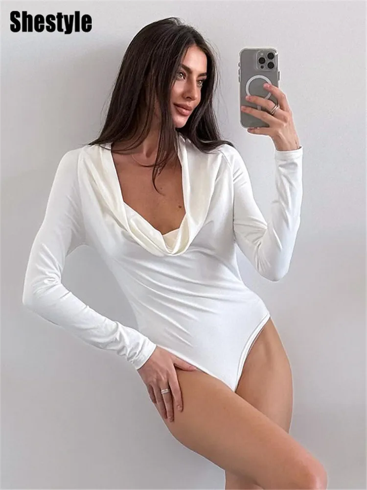 Shestyle Swinging Collar White Bodysuit Women Graceful Elegant Long Sleeve Office Lady Bodycon Workwear Elite Girl Clothes 2024