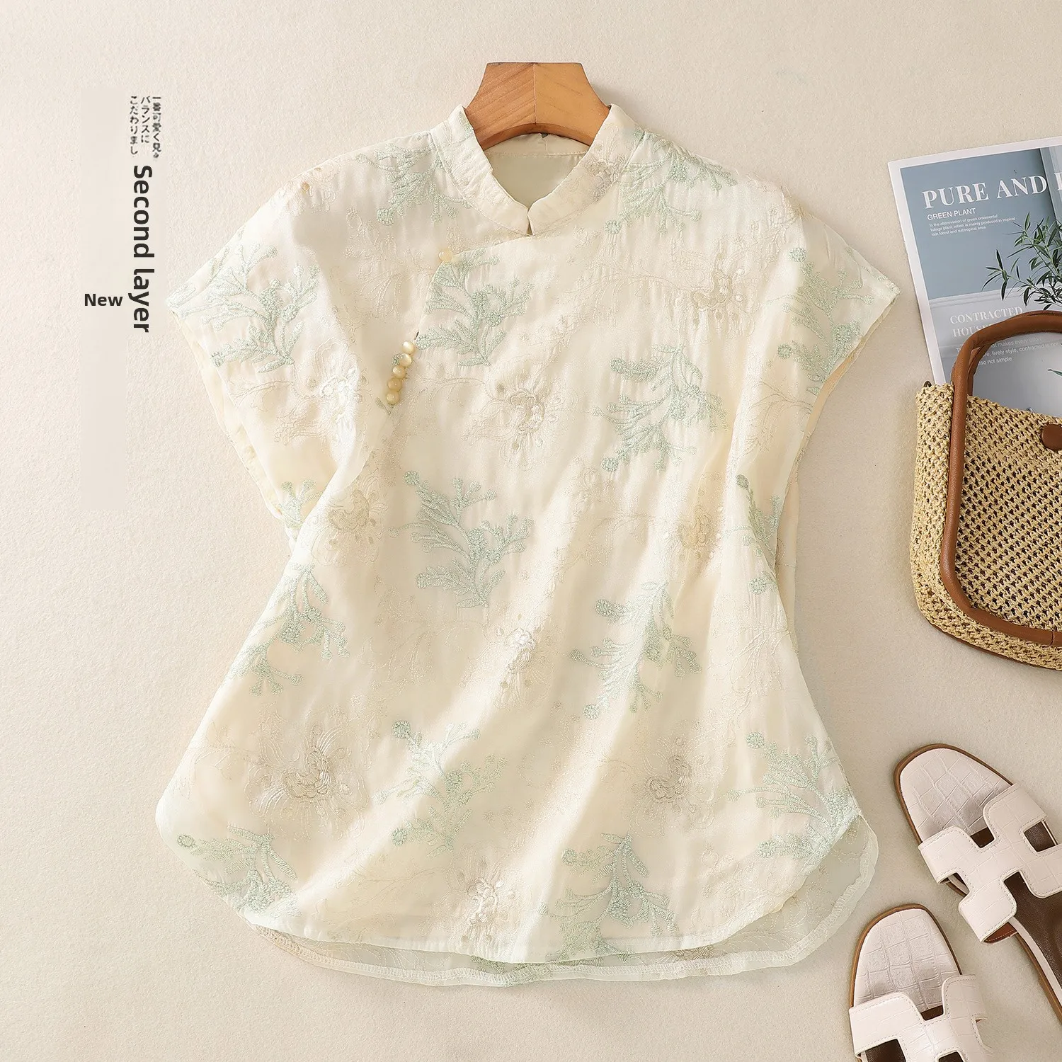 

Ele Traditional Chinese Sle irt Collar Embroidered Top Women's Summer High-end Faion Retro Buttoned Stand Collar Bl...