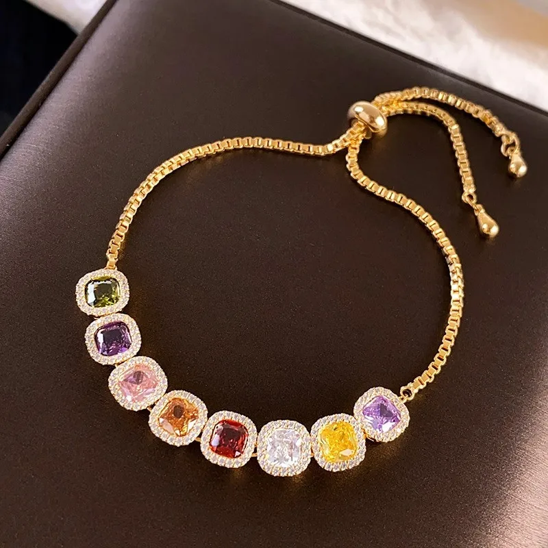 Exquisite chain bracelets square colorful diamonds 18k gold filled sterling silver 925 sparkling fine jewelry chic birthday gift