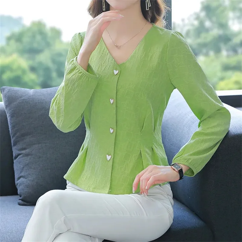 High-End V-Neck Ladies' Shirts And Women's 2024 Summer Temperament Design Sense Niche Slim Long-Sleeved Shirts Chic Tops Ins