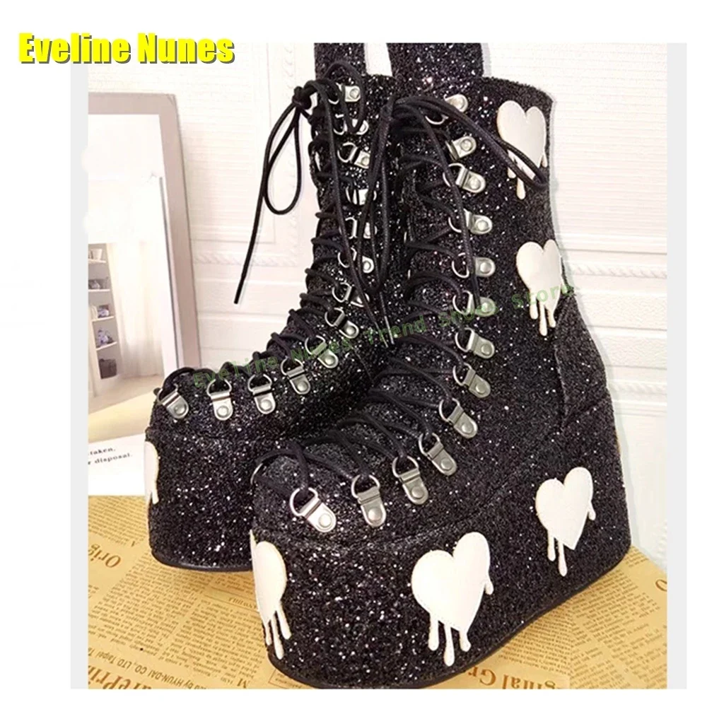 Black Glitter Traitor Club Boots with Holographic Hearts Round Toe Wedges Cross Tied Sequined Cloth Patchwork Fashion Boots 2025