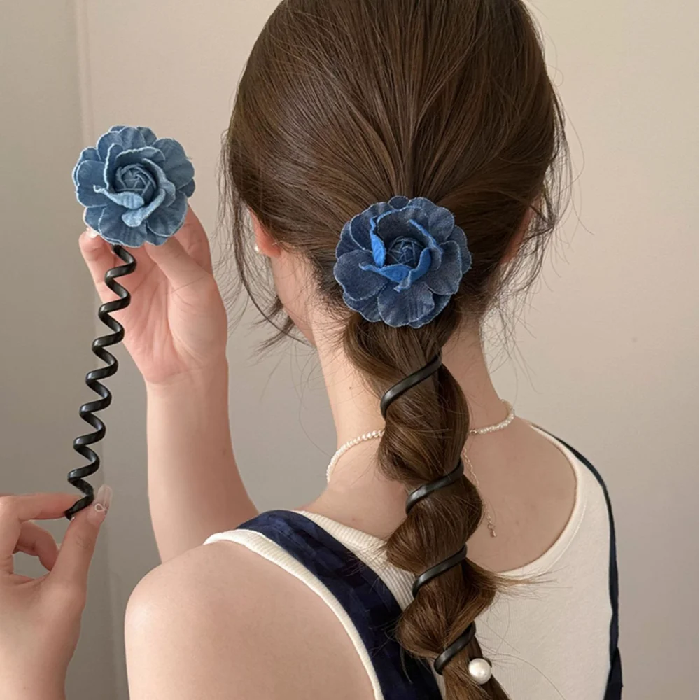 Cowboy Blue Flower Telephone Line Hair Loop Rubber High Elastic Head Rope Ponytail Hair Accessories Spiral Coil