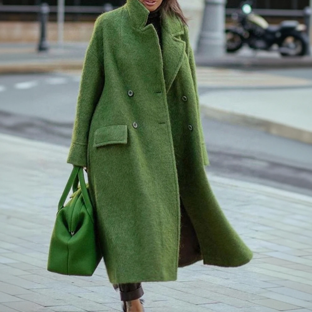 

Women's Long Sleeve Double Breasted Long Coat Autumn Fashion Basic Solid Color Office Lady Coat