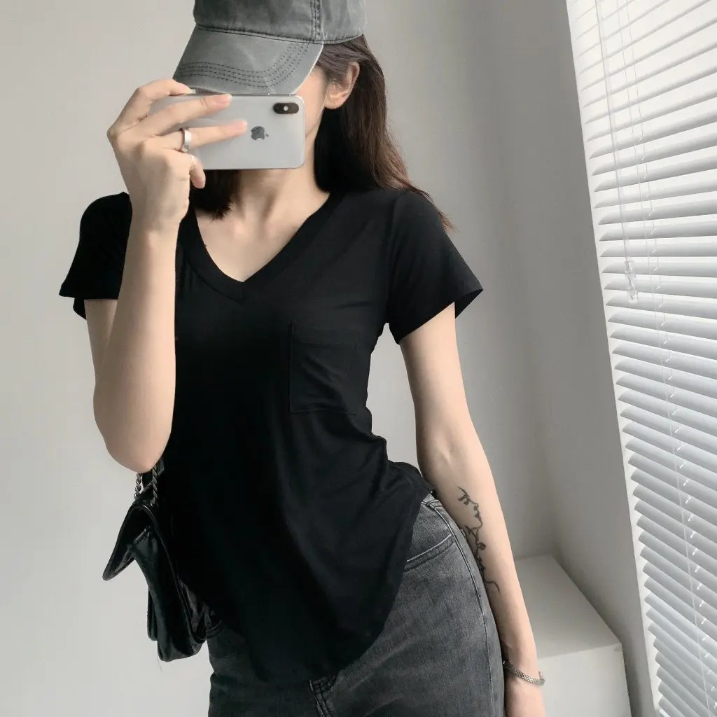 

Women's High-Quality Modal T-Shirt V-Neck Short-Sleeved Loose Slimming Asymmetrical Top Versatile Fashionable Summer