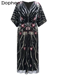 Vintage Evening Dresses V Neck A Line Beaded Sequins Dress Female 2024 Summer Ethnic Style Embroidered Maxi Dresses for Women