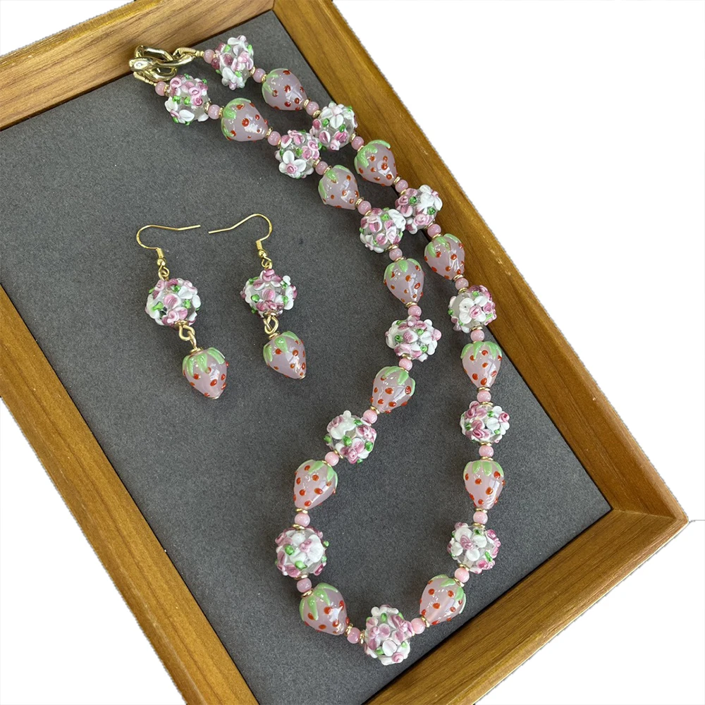 Ensemble collier et boucles d'oreilles en verre émaillé goutte d'eau douce vintage pour femmes, ensembles de bijoux pour filles, mode