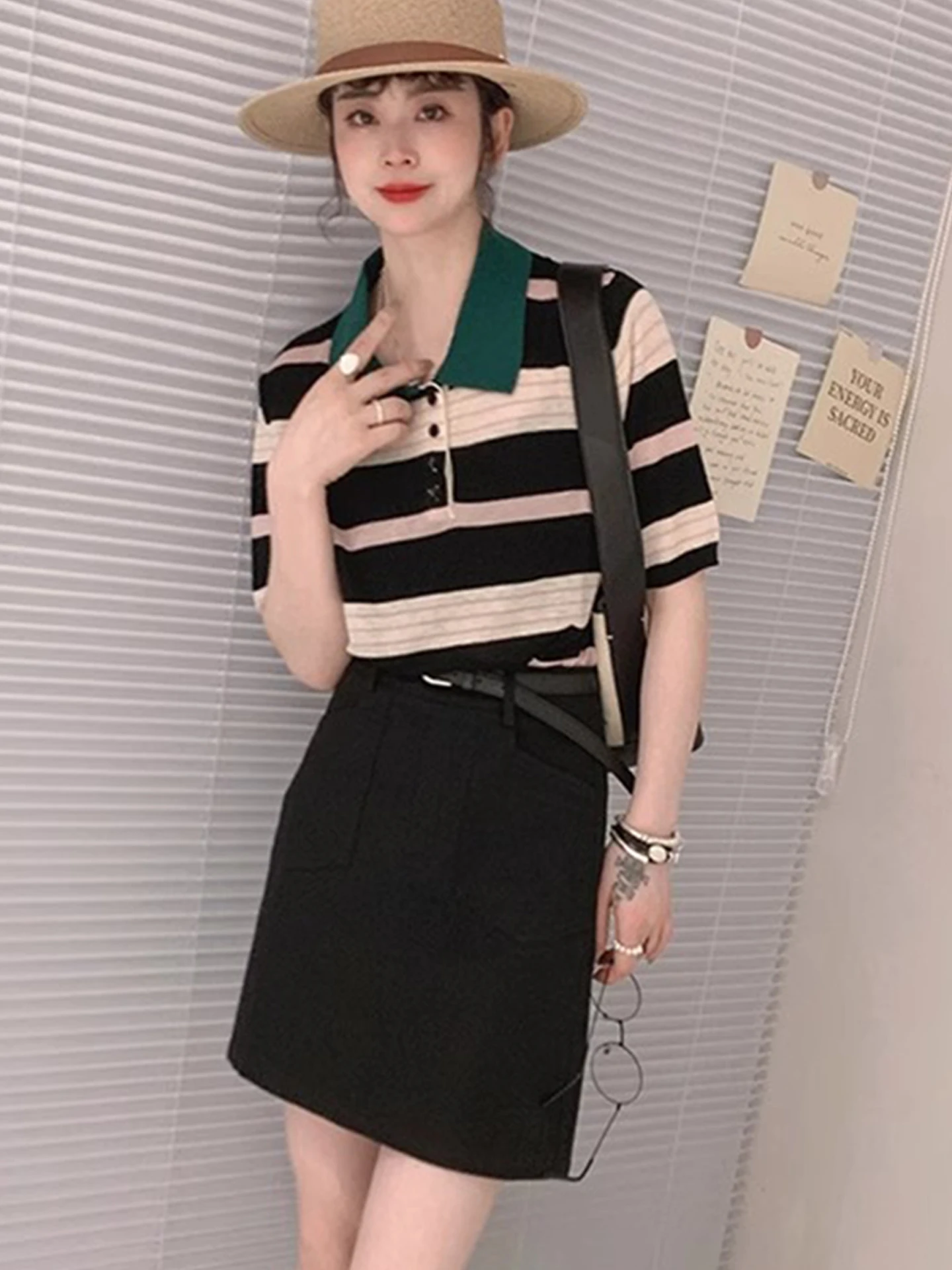 Blusa de Verano de Estilo Coreano Hoada, de Punto, con Cuello , Manga Corta, Diseño Color Blo, Csa Informal Única ...