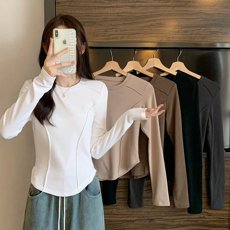Damen Kurzes T-Shirt Herbst Einfarbig Rundhals Langarm-T-Shirt für Frauen Mädchen Studentinnen Neues Slim-Fit Langarm-T-Shirt – Detail 7
