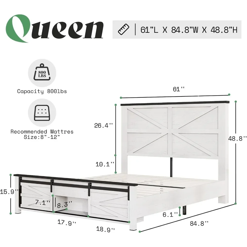 King Bed Frame with Sliding Barn Door Storage Cabinets and Headboard，Solid Wood Slats Support，No Box Spring Needed，Bed Frame