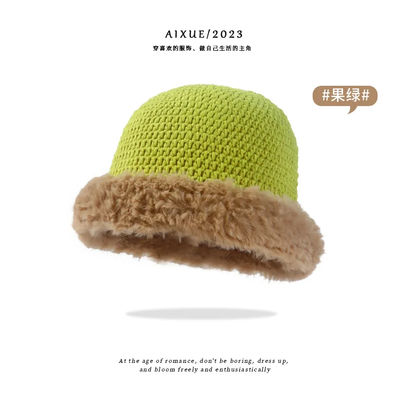 

Autumn Winter Plush Hat Women Warm Pure Handmade Crocheted Cap Short Brim Landlord Hat Fashion Wool Caps Free Shipping