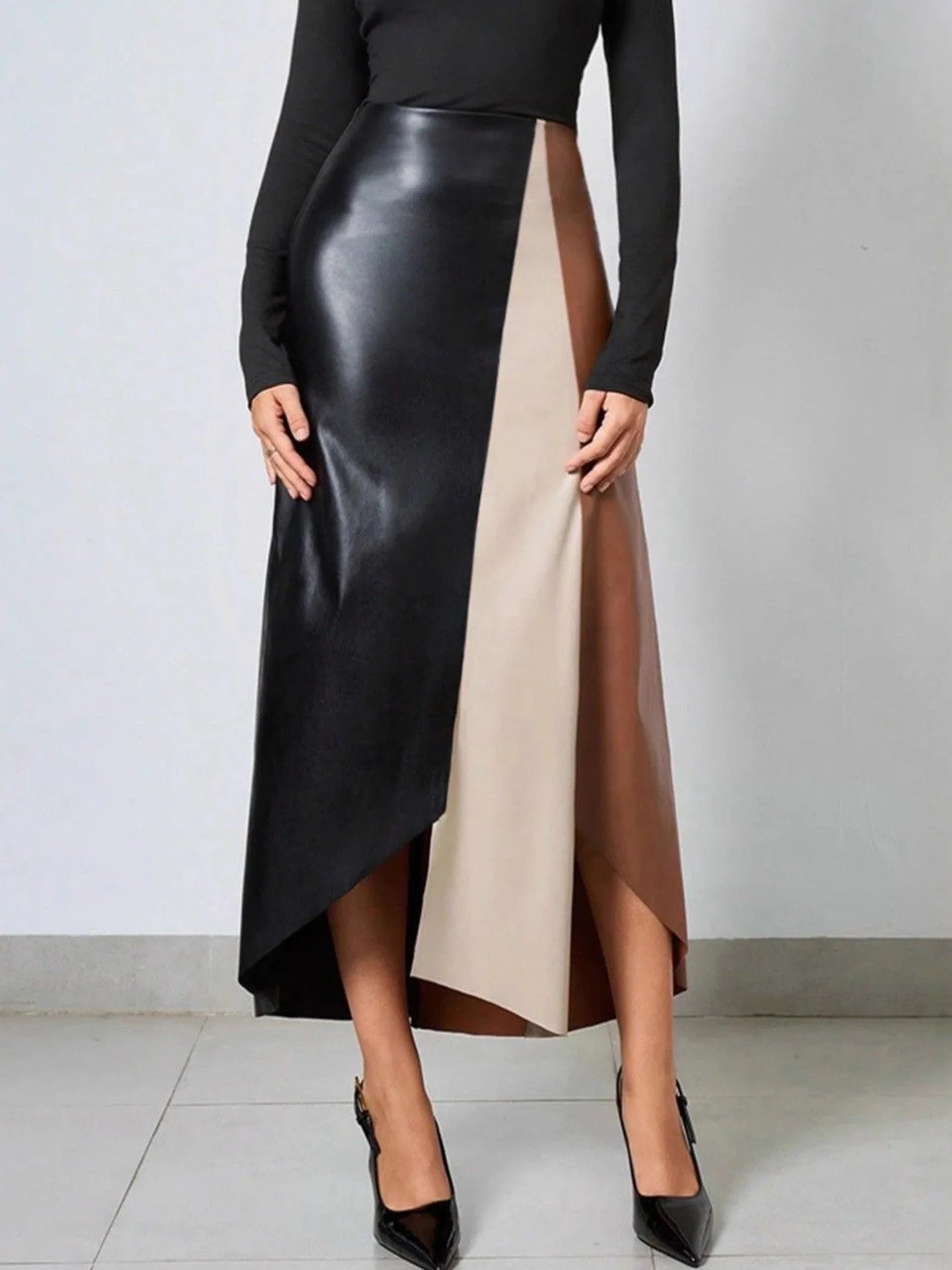 

Женская облегающая юбка из искусственной кожи с высокой талией, весна 2026, с молнией, длинная, с цветными блоками, для коррекции фигуры