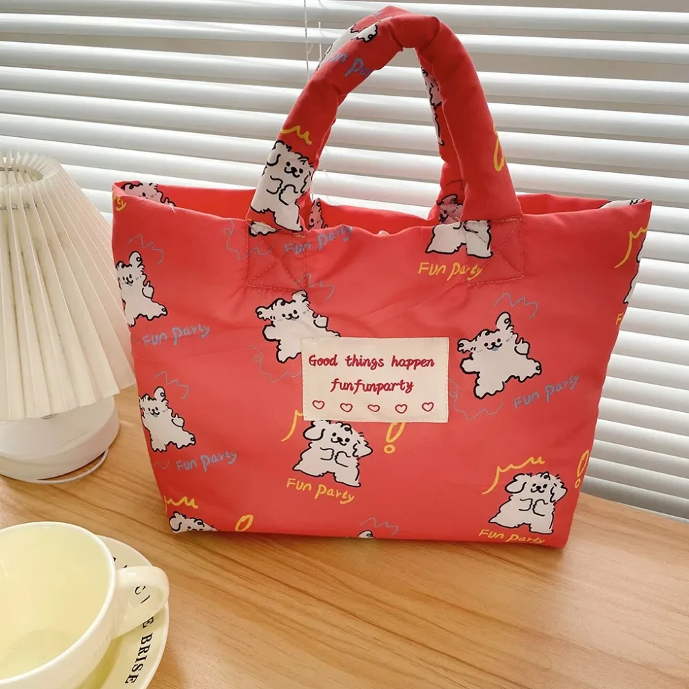 Cute Cartoon Dog Cotton Padded Tote Bag Flower Tulips Mommy Quilte Handbag Korean Style Portable Flower Shoulder Bag Women