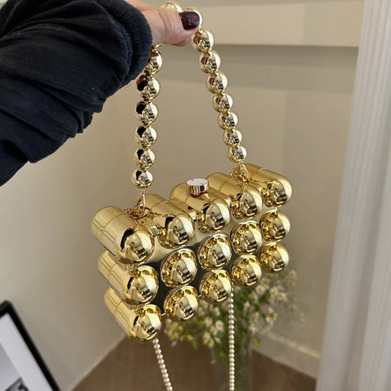 Plating Acrylic Square Clutch Handbags for Women 2024 Trendy Fashion Bubble Chain Top Handle Purse Box Crossbody Shoulder Bags
