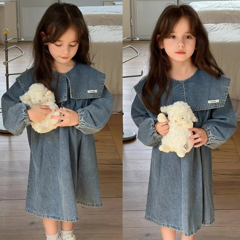 ZOETOPKID Spring Summer Girls Cotton Long Sleeves Lotus Leaf Collar Washed Denim Blue Dresses Children Sweet Skirt Kids Outfits