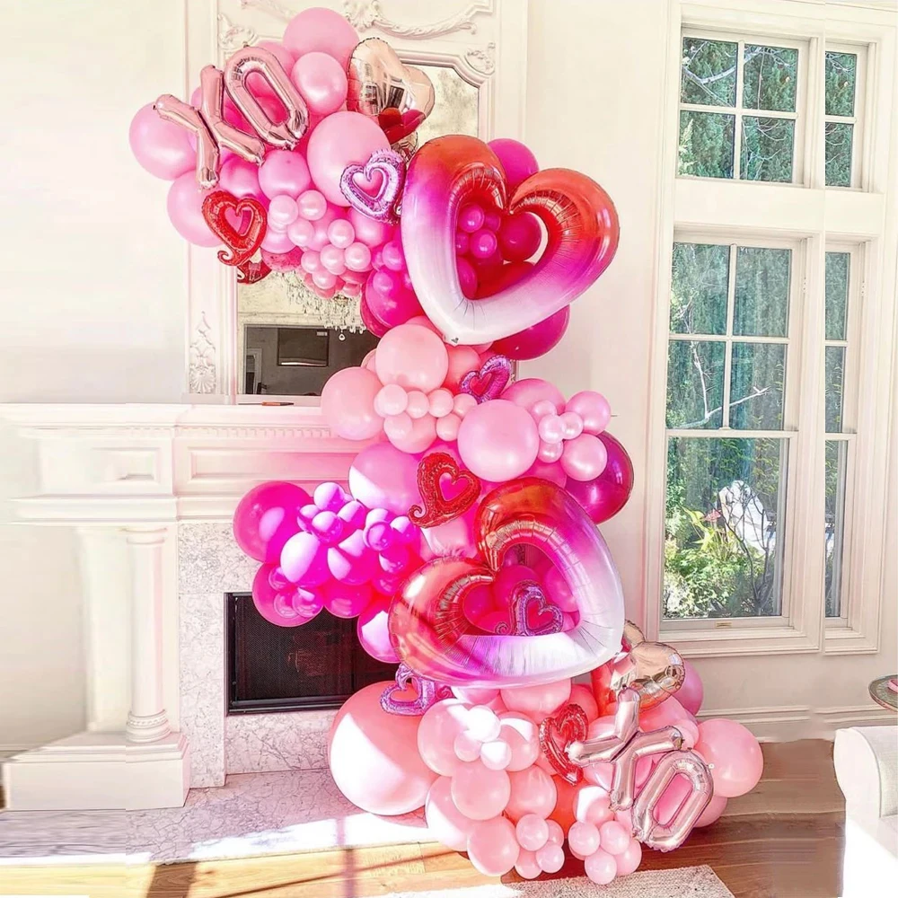 

116pcs Pink Rose Red Valentines Day Balloon Garland Arch 40inch Giant Hook Heart Shape Foil Helium Balloon Wedding Birthday Deco