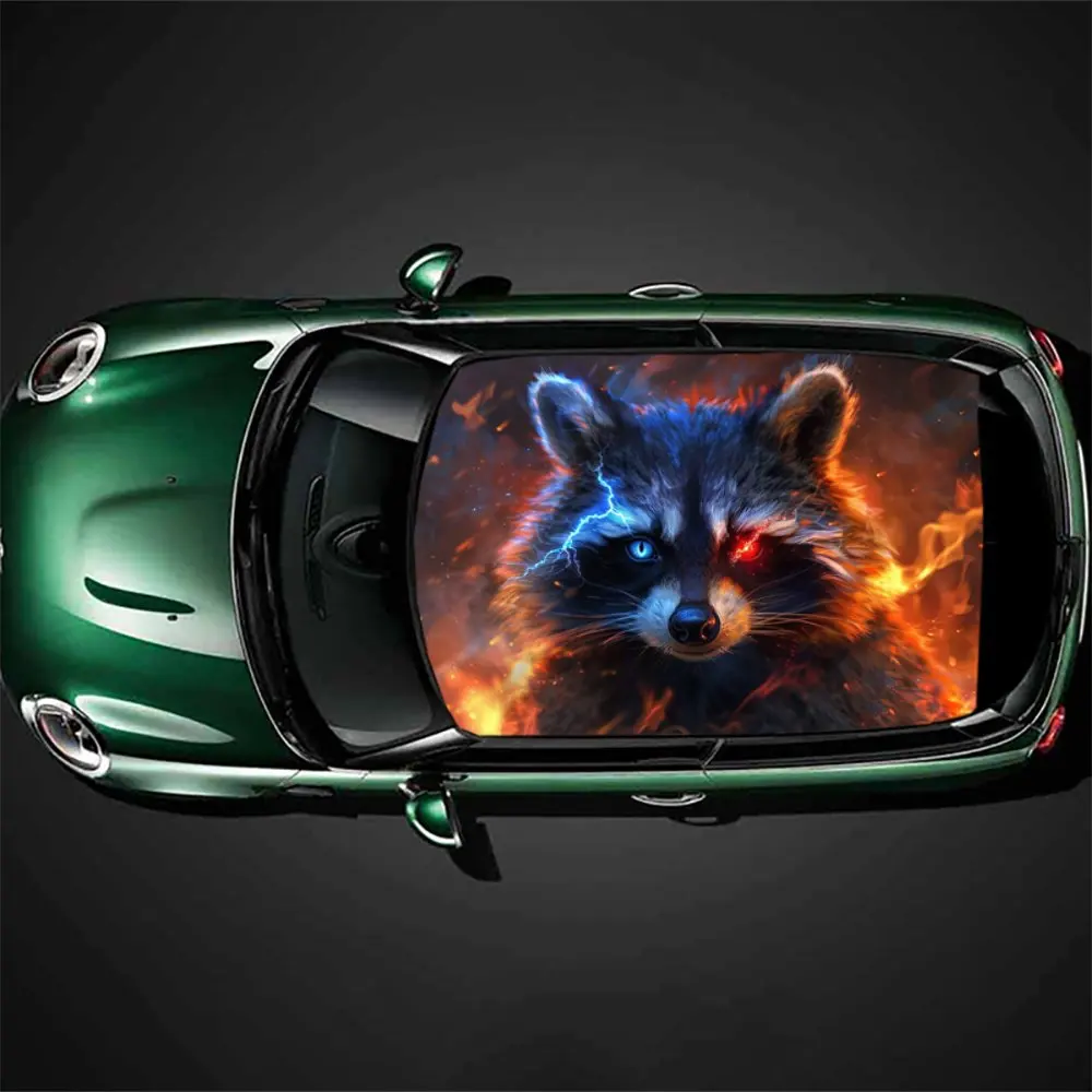 

Raccoons with Red and Blue Eye Car Roof Sticker Wrap Racing SUV Auto Accessories Packaging PVC Car Hood Graphic Decal Decoration