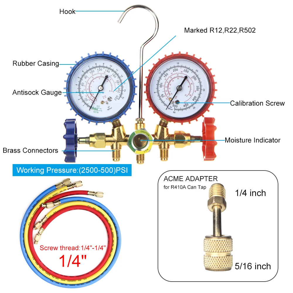 Manifold Gauge Set HVAC A/C Refrigeration Charging Service with Hoses Adjustable Couplers Adapter Can Tap R410A R22 R134a R404A