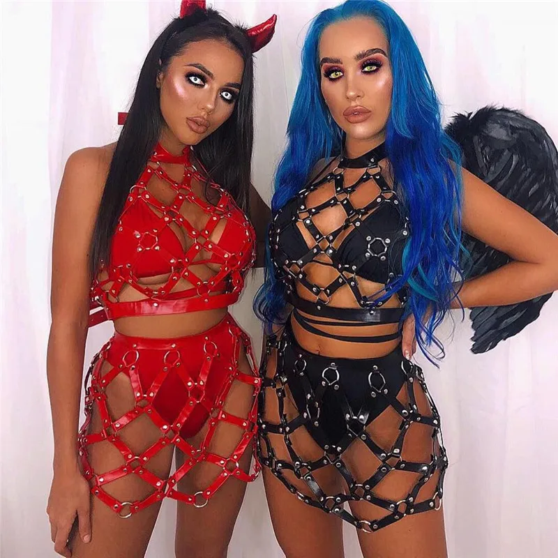 AKYZO Punk Bondage Hollow Out Crop Top and Mini Skirts Set for Women Gothic Faux Leather Festival Rave Sexy Clubwear Party Outfi