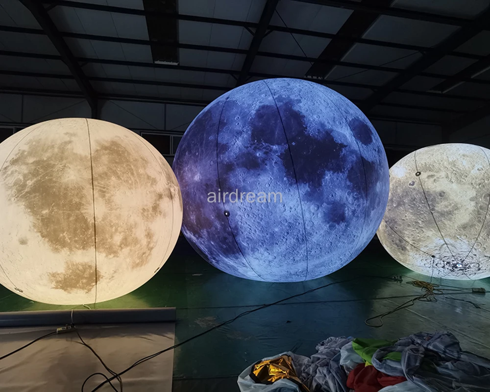 Blue Giant Inflatable Moon ball with LED light Hanging/grounding moon Balloon Decor for Stage Advertising Event free air ship