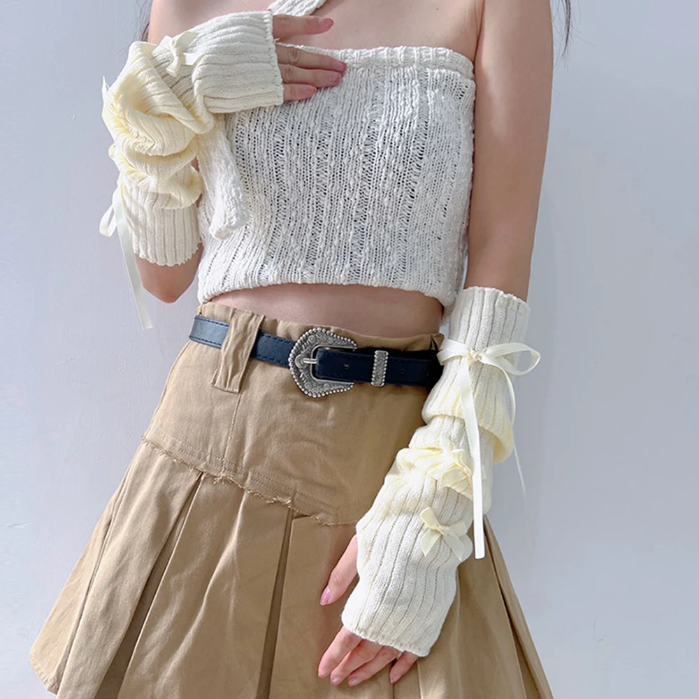 Y2K Frauen Süße Gestrickte Armstulpen Lange Handschuhe Hülse Winter Fingerlose Handschuhe Lolita Mädchen Punk Gothic Zubehör Fäustlinge