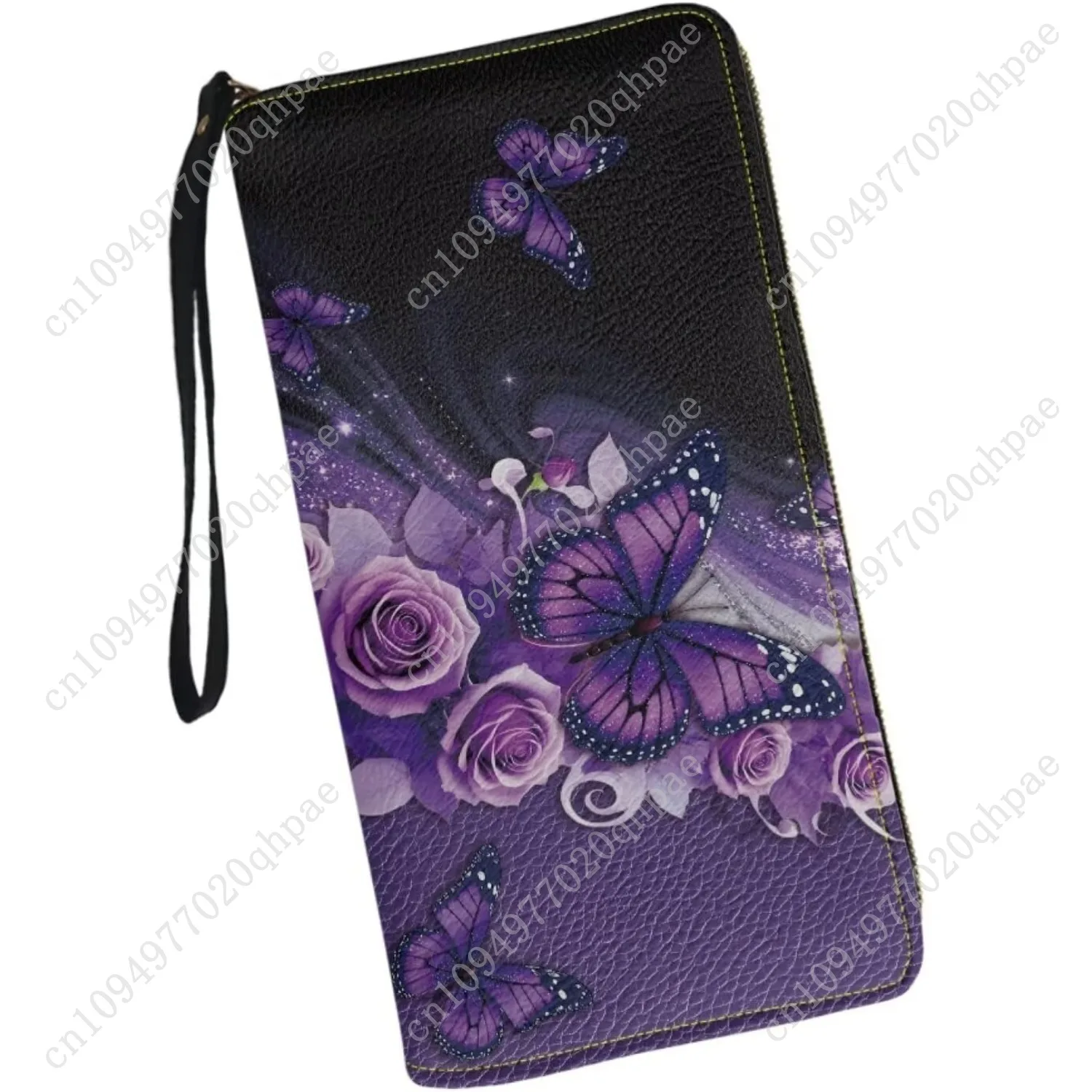 Purple Butterfly Rose Floral Print Long Wallet Ladies Long Wallet PU Leather Card Holder Large Capacity Zip Around Clutch Purse
