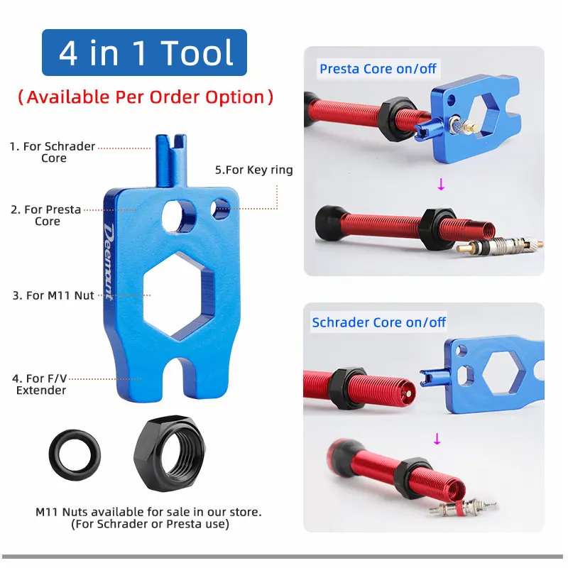 2PCS Deemount Bicycle Tubeless Carbon Rim Presta Valves 44/60mm F/V Nipple Brass Core CNC Machined Anodized W/Tool