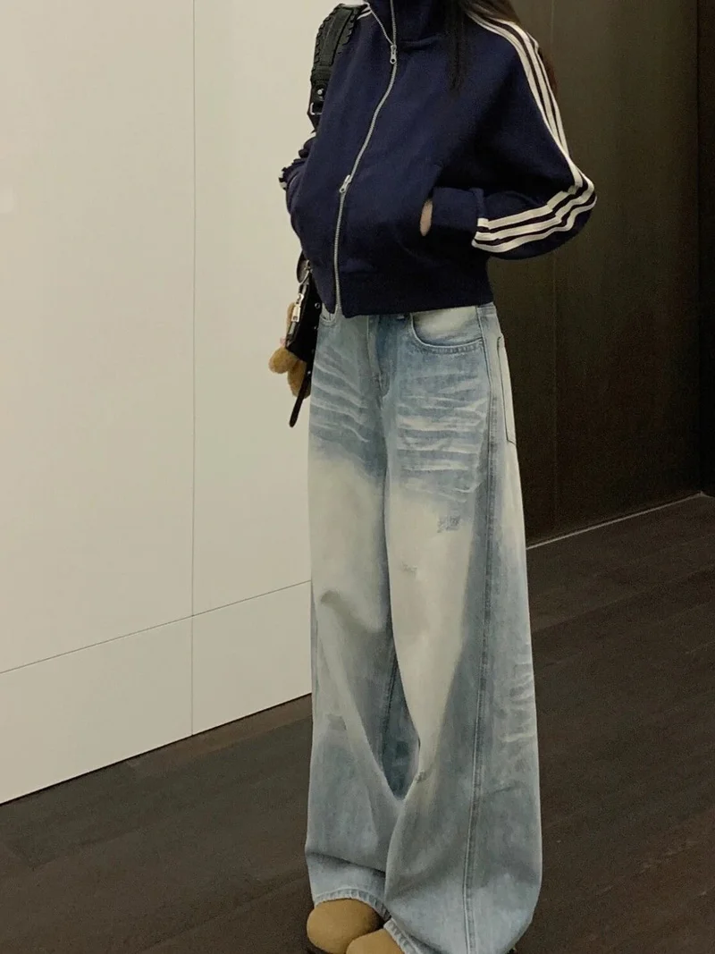 

Женские повседневные брюки в стиле ретро Y2K 2000-х годов, синие, синие, полная длина, мешковатые, эмо, джинсовые брюки, свободные прямые джинсы в стиле сафари