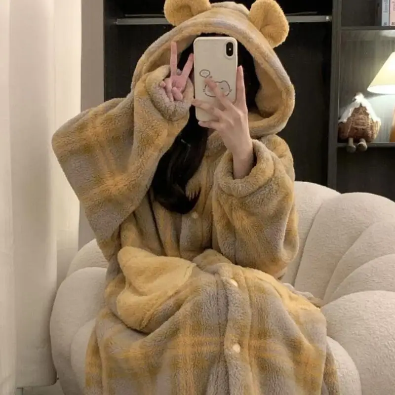 Lindo invierno grueso coral polar pijamas de mujer Otoño Invierno bata con capucha ropa de dormir cómoda nuevo modelo bata pijama ropa de casa