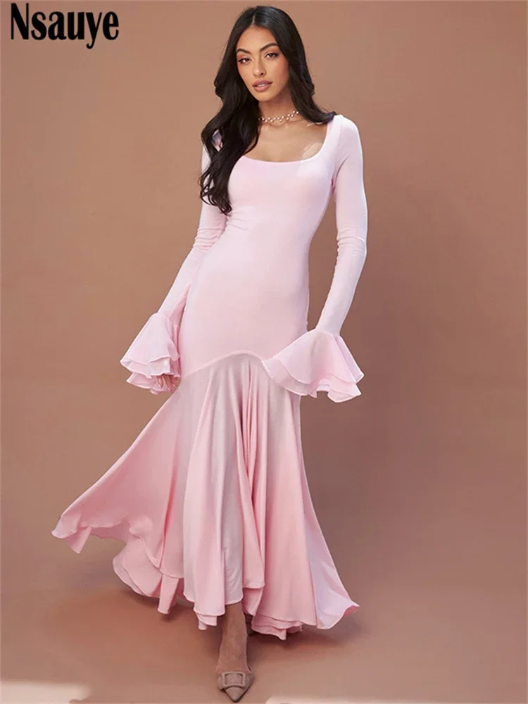 

Nsauye 2024 Autumn Winter New Aesthetic Lady Maxi Dress Sexy Long Flare Sleeve Ruffles Long Dresses Women Eleagnt Evening Party