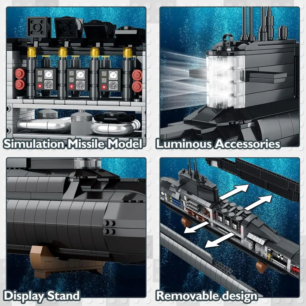 Kit modello sottomarino militare per adulti con luci, 1498 pezzi, da collezione a tema WW2 per decorazioni domestiche e appassionati di giocattoli dell'esercito