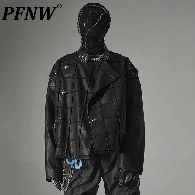 

PFNW Dark Design Men's Jackets PU Leather Three-dimensional Cutting Metal Button Solid Color Male Loose Coats Personality 12C776