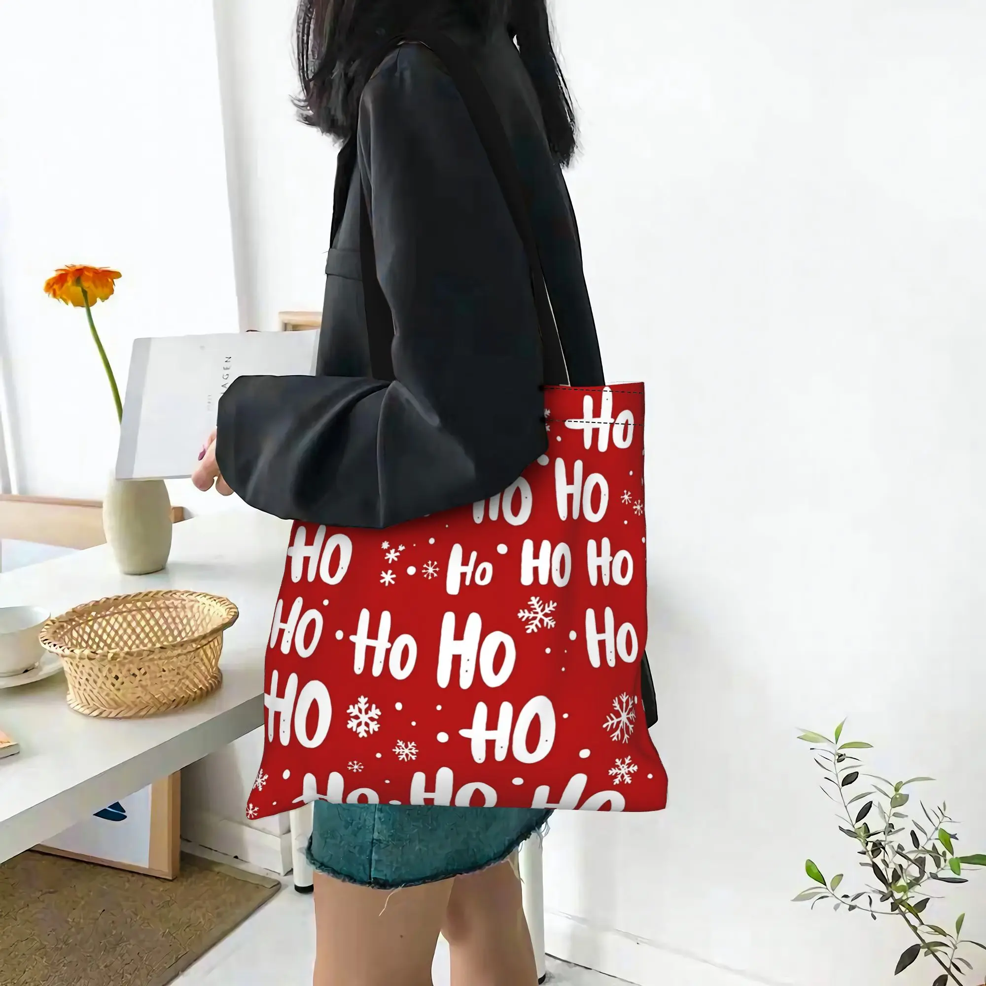 Customized HO HO HO HO HO HO HO Christmas Women's Bag Shopping Bag Reusable Double Sided Canvas Tote Bag Shoulder  Handbag