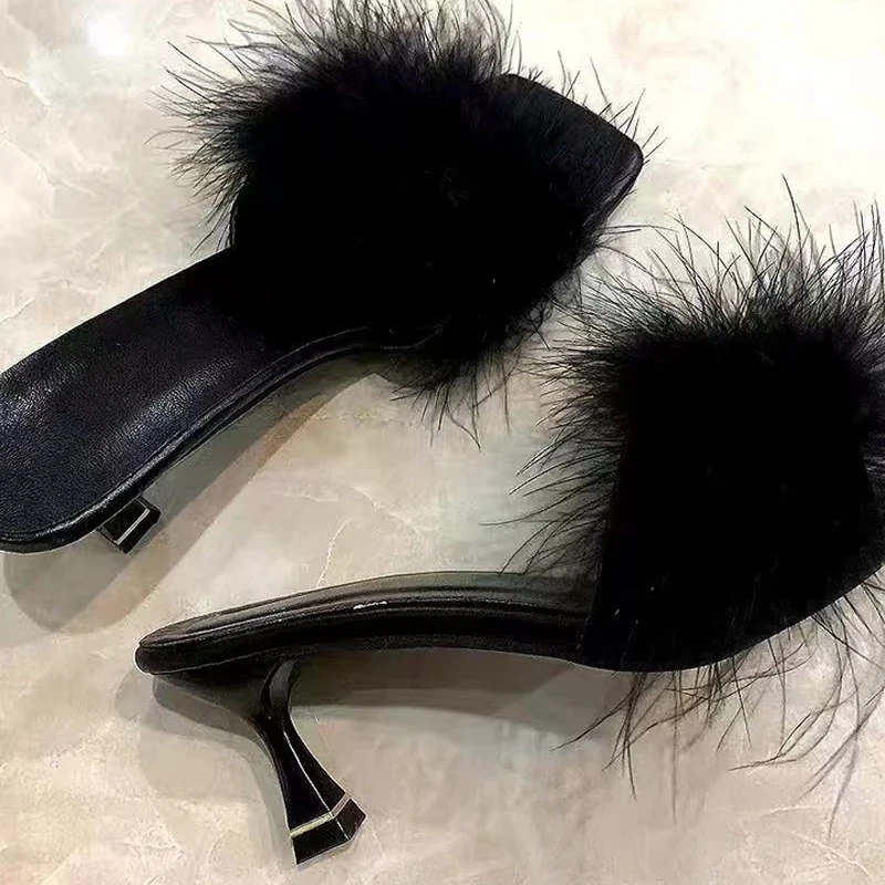 Summer New Sexy Feather Woman Slippers High Heels Fur Stiletto Peep Toe Mules Lady Slides Shoes  Высокія папернікі