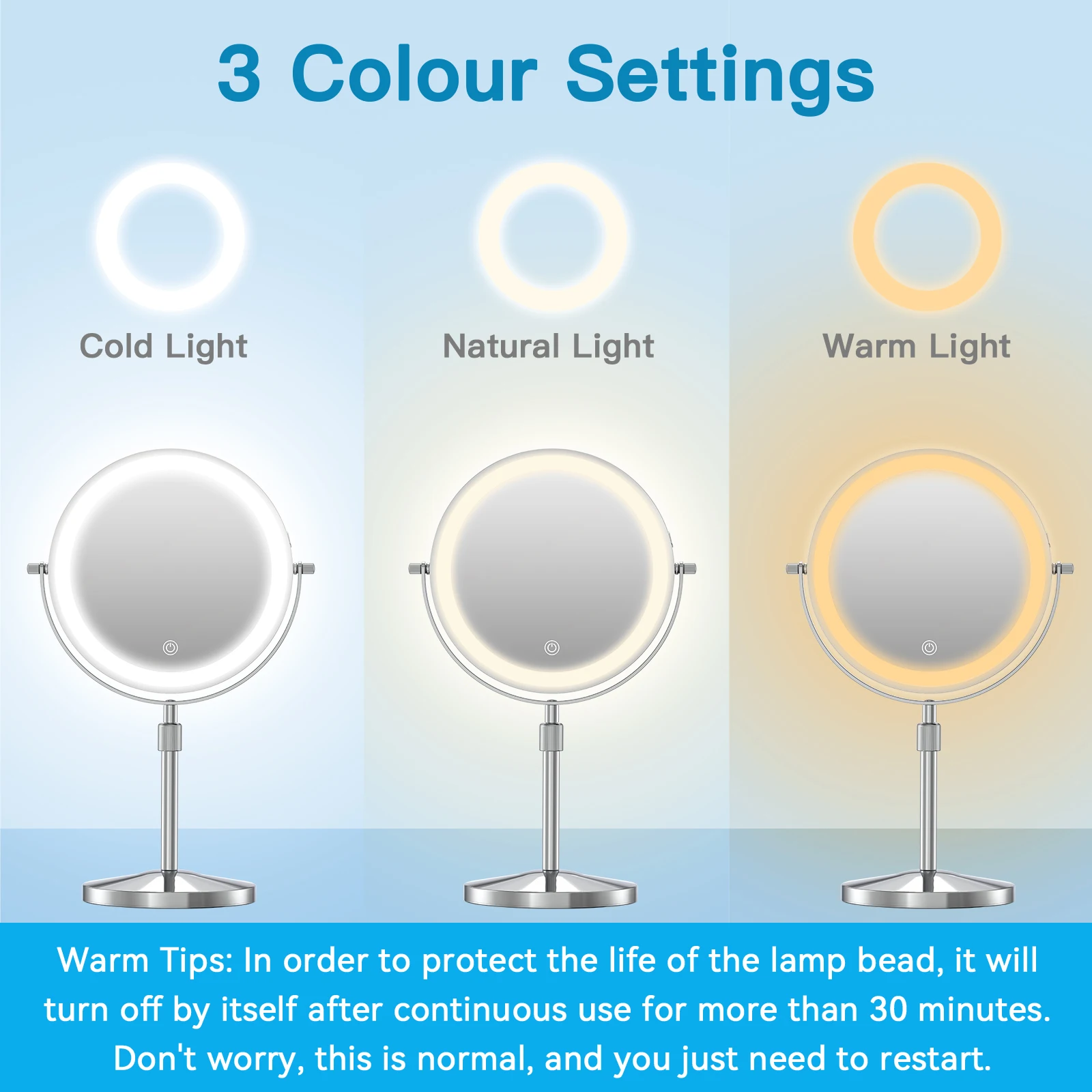 8-Zoll-Schminkspiegel mit Lichtlampe, 10-fache Vergrößerung, 3-farbige Lichter, höhenverstellbarer, stehender Kosmetikspiegel