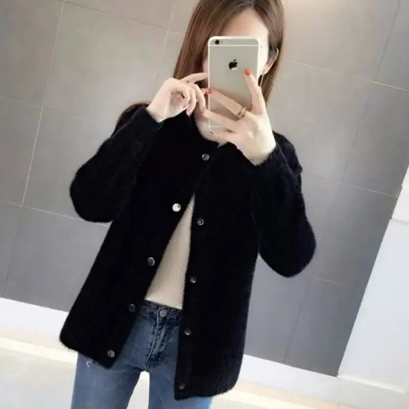 2024 Mink Fur Autumn and Winter Sweater Coat Ladies Hairy Soft Loose Velvet Long-sleeved Cardigan Jacket White Black Red Khaki