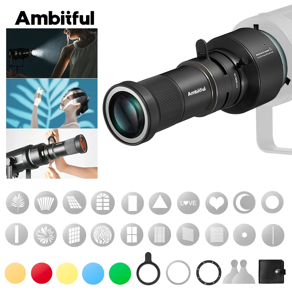 AMBITFUL AL-300Pro 33 °   زاوية واسعة 16 °   مجموعة عدسات الإسقاط الاحترافية ذات التركيز البصري المقربة Bowens Mount