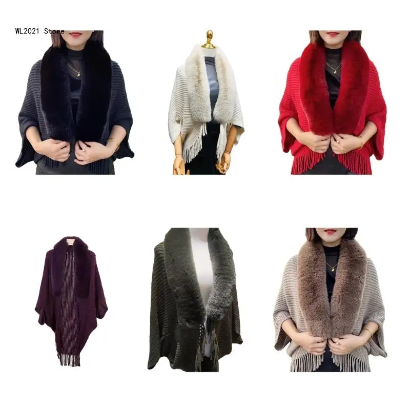 Women Fuzzy Trim Fringe Hem Open Front Cape Cardigan Casual Loose Knitted Sweater Cardigan Batwing Sleeve Wraps Jackets