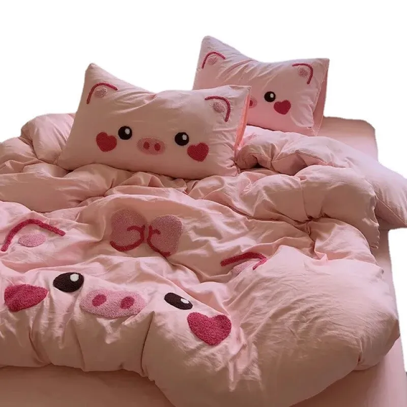

Cute piggy cartoon washed cotton bed four-piece set towel embroidered bed sheet hat quilt cover student dormitory three-piece se