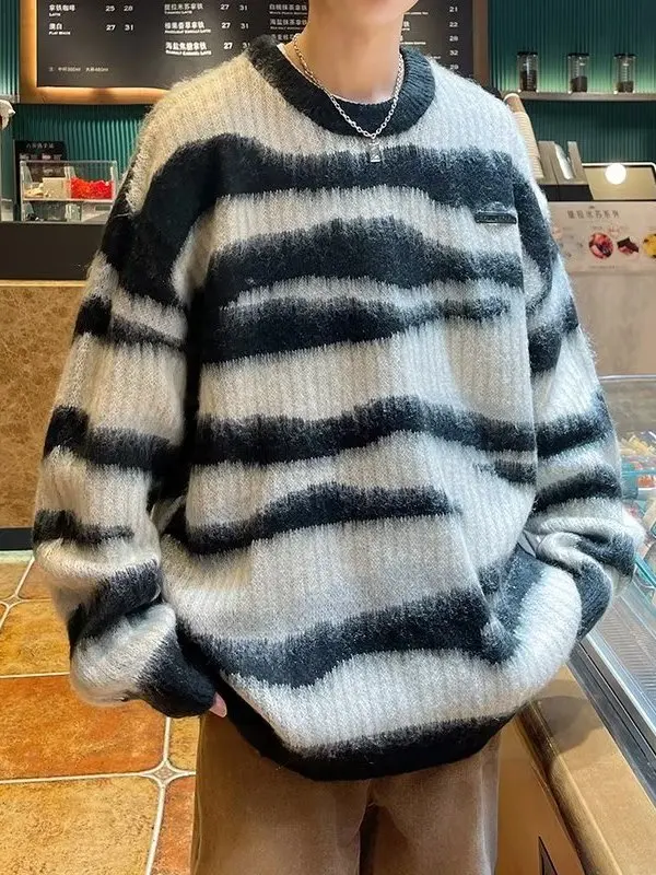 

American Retro Striped Men's Knitwear Lazy Sle Thiened Velvet Smooth Casual Sweater Autumn Winter Streetwear Coat
