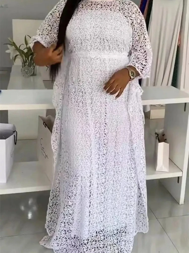 Plus Size Maxikleid Kleider Afrika Kleidung Afrikanische Hochzeit Party Kleider für Frauen Frühling Sommer Elegante 3/4 Ärmel Weiße Spitze