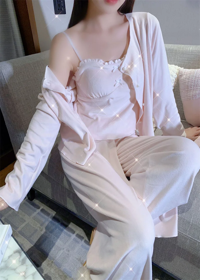 Island Velvet Sleepwear Women's Pajamas New Bra Padded Sexy Spring Autumn Home Wear Clothes Thick Warm Winter Three Pieces Set