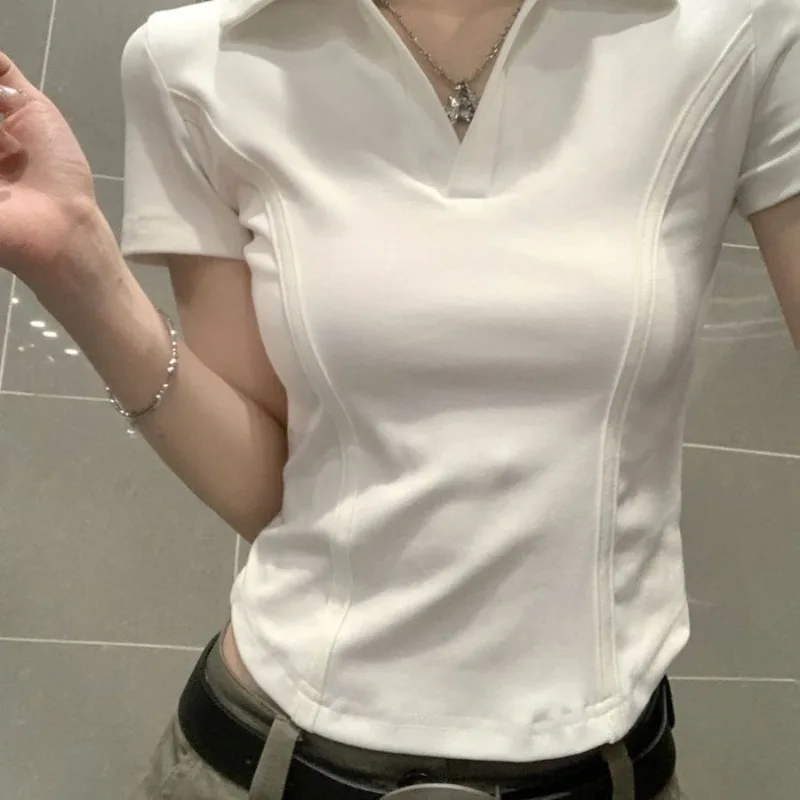 

Deeptown White Basic Women Polo Shirts Elegant Short Sleeve Solid Color Korean Fashion Cropped T Shirts Slim Preppy Gyaru Summer